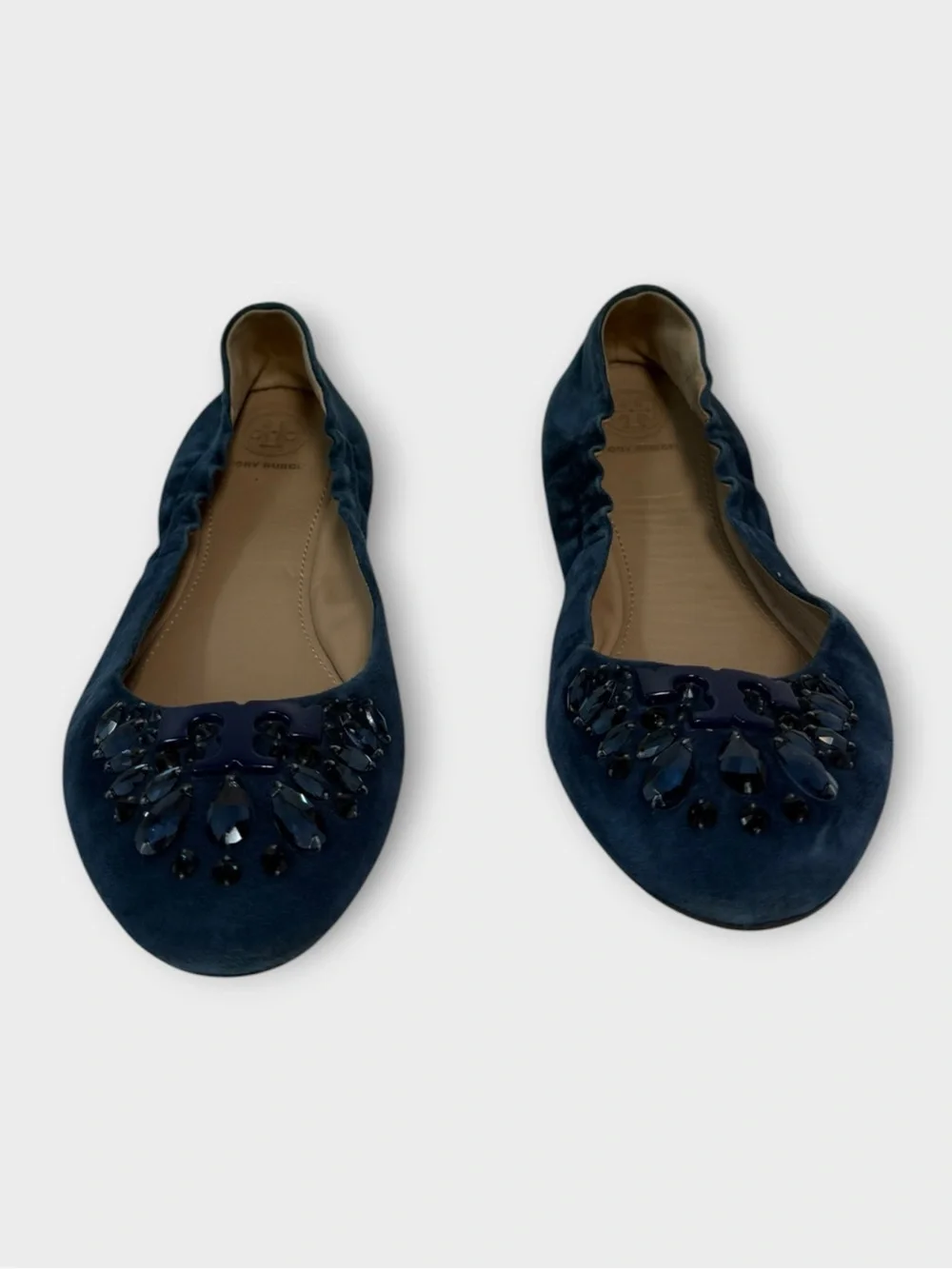 Tory Burch Navy Suede Crystal-Embellished Ballet Flats